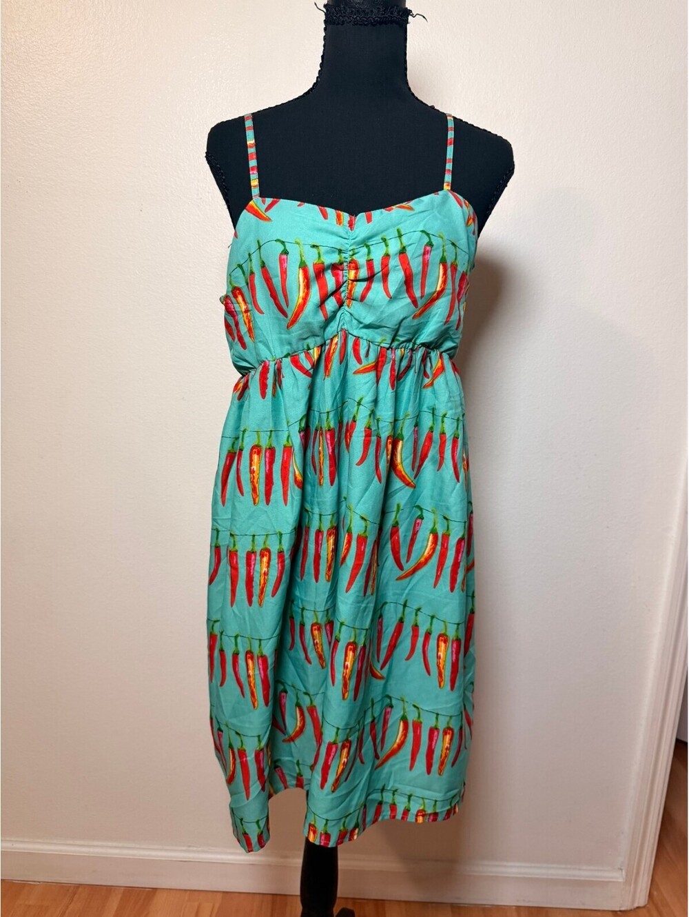 Chili Pepper Print Midi Dress M Turquoise Spaghetti Strap Smocked